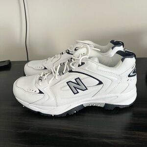 New Balance White and Navy Leather Athletic Sneakers
